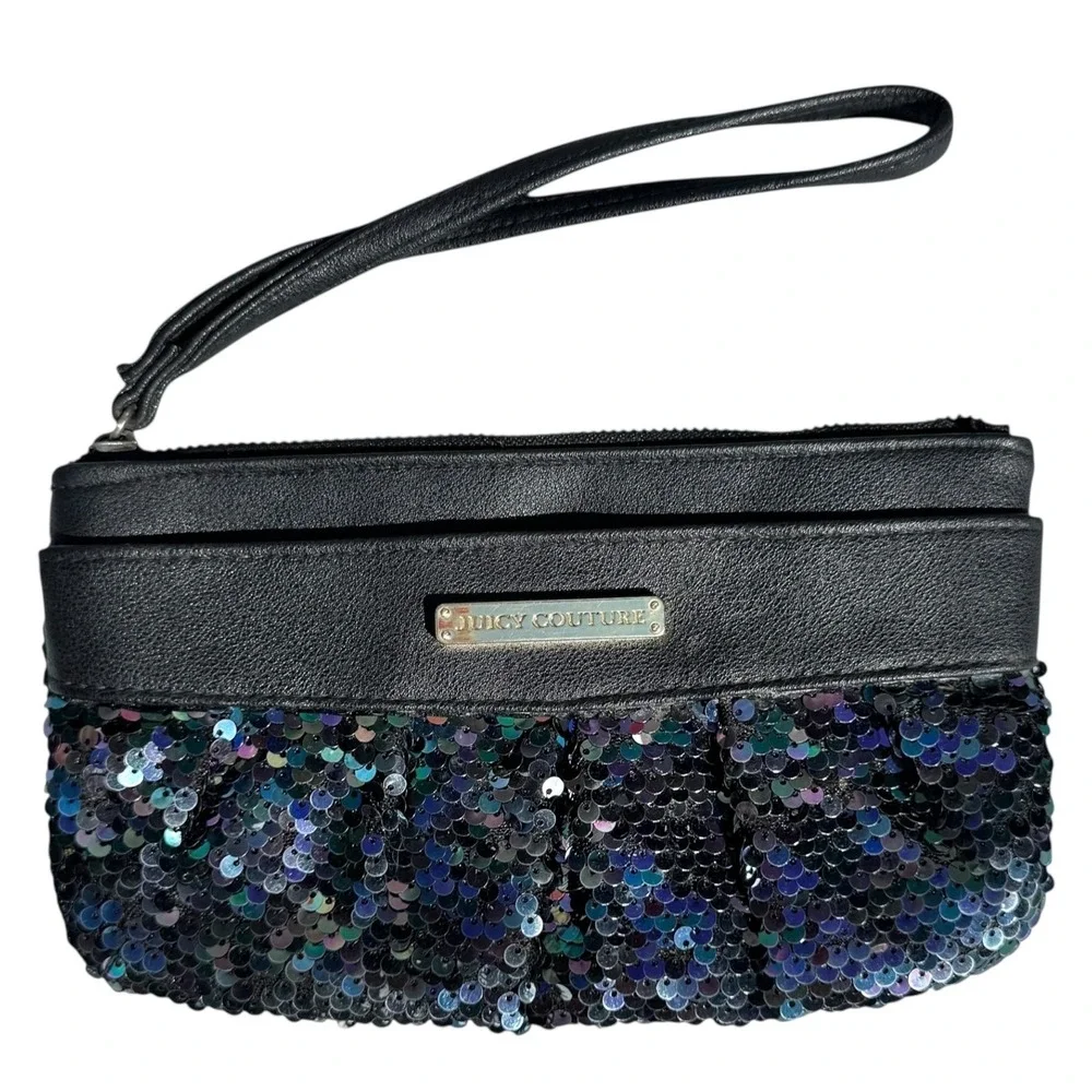Juicy Couture Wristlet Clutch Navy Black Sequin‎ Evening Party Bag Retro Y2K